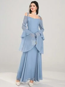 Modelyn 女士超长纯色长袖连衣裙，简约时尚休闲日常穿着 - 藍色 - 查看 4