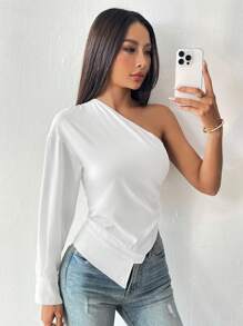 Chiquease Women's Solid Color Casual Pleated Fashion One Shoulder Long Sleeve Shirt - White - View 3