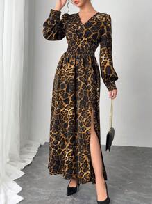 SHEIN Clasi Women's Elegant Sexy Leopard Print Waist Dress Fall Cloth For Women - Multicolor - View 5