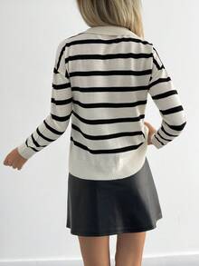 EURMUSE Femmes Chandail à manches longues avec épaules tombantes et col cranté à rayures, automne/hiver