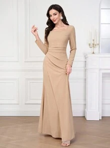Coutiva 1 件女式不对称领口长袖褶皱长款派对礼服，时尚宴会派对除夕节社交名媛优雅礼服，婚礼宾客礼服，正式礼服，晚礼服 - 杏色 - 查看 12