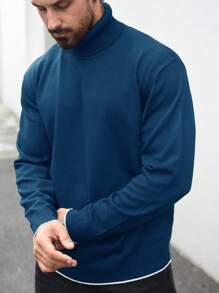 Manfinity Homme Plus Size Men's Solid Turtleneck Long Sleeve Casual Pullover Sweater, Fall/Winter