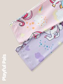 SHEIN Conjunto de pijama de 4 piezas para niñas, con camiseta de manga corta estampada con unicornio divertido y pantalones largos, ropa básica casual adorable/vintage/juguetona, adecuado para cualquier ocasión, primavera/verano, camiseta de manga corta y pantalones de ajuste ceñido, conjunto de pijama, Top y pantalones, se siente como la piel/suave como la mantequilla/ultra suave/ropa cómoda/suave sedoso, ropa de estar en casa holgada de manga corta
