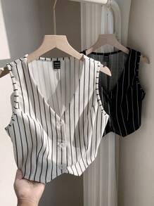 Comfortcana 2pcs Women's Striped Sleeveless Blazer Jacket In Fall/Winter - Black and White - View 6