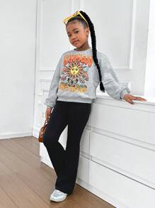 SHEIN Tween Girl Fashion Urban Style Round Neck Long Sleeve Pullover Top And Flared Leg Knit Pants Set - Light Grey - View 4