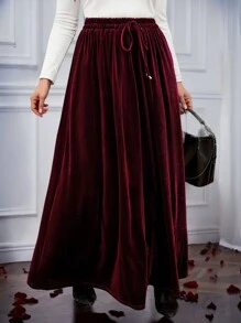 SHEIN LUNE Plus Size Christmas Women Autumn And Winter Skirt Wine Red Color Christmas Women Long Skirt New Years Women Holiday - Burgundy - View 5