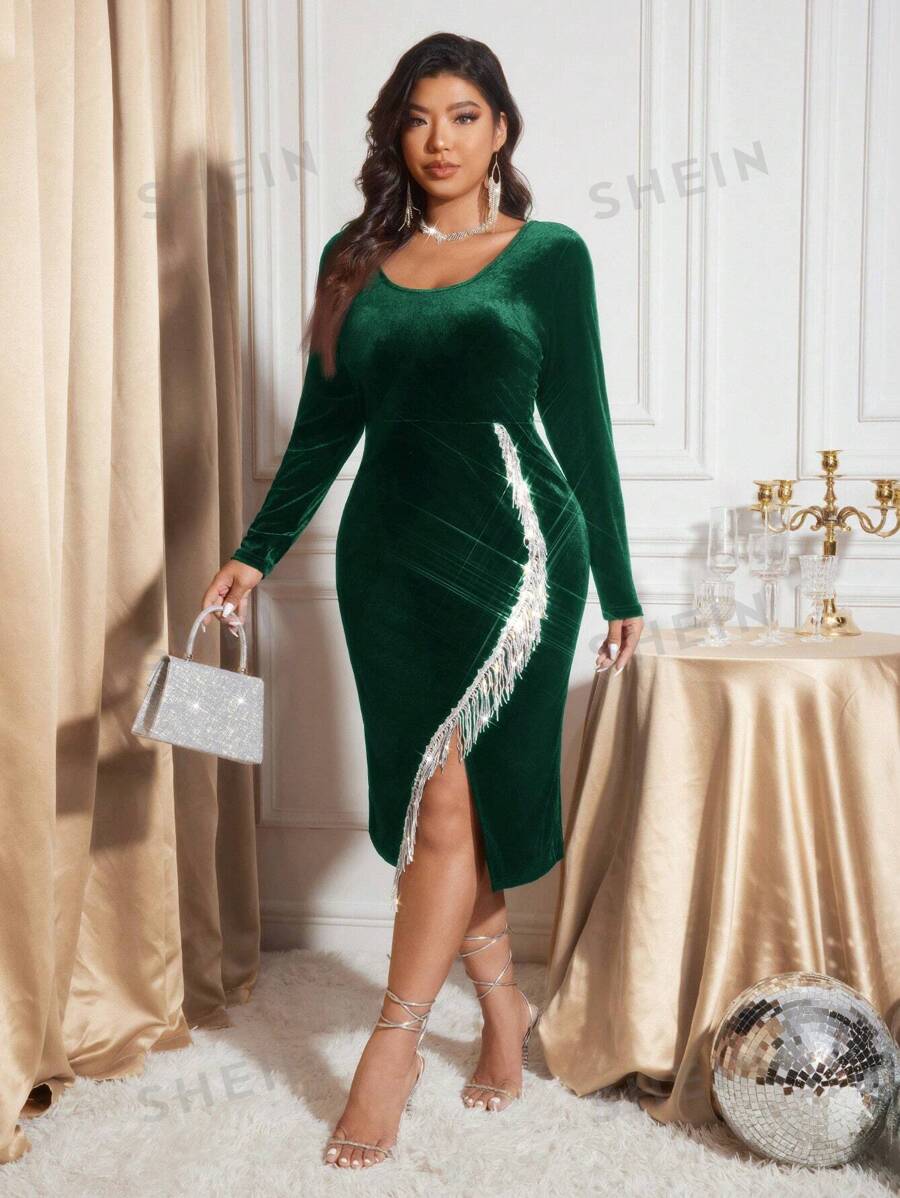 SHEIN Frenchy Vestido de terciopelo negro con lentejuelas y flecos, talla grande, adecuado para la temporada de fiestas, otoño/invierno