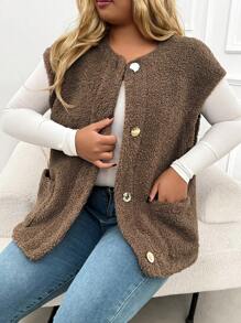 Plus Size Women Sleeveless Knit Waffle Cardigan Jacket - Coffee Brown - View 4