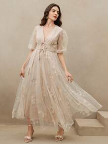 Anewsta 欧美网眼花卉印花 V 领泡泡袖长裙，花卉连衣裙，女士春季服装