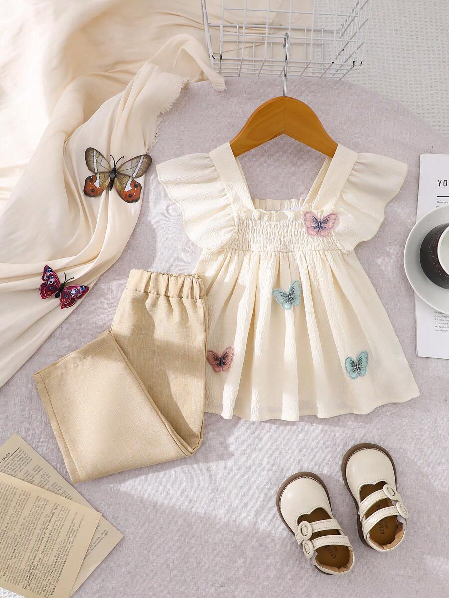 SHEIN 2pcs/Set,Baby Girl Spring&Summer Casual Butterfly Shape Embroidery Sleeveless Top&Solid Long Pants - Apricot - View 1