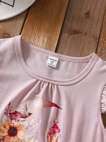 Wildeya Camiseta con estampado floral y lunar, y mangas con volantes para niñas jóvenes, color rosa, dulce y bonita, adecuada para actividades diarias, salidas y eventos sociales, colección de primavera/verano para el Ramadán