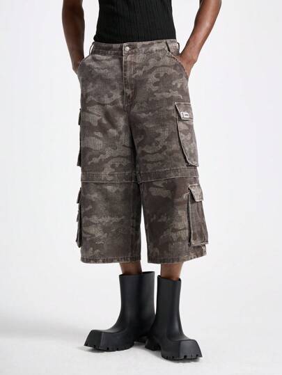 NEON BLANC Men's Street Style Woven Wide Leg Pants With 3D Pockets, Cropped Shorts