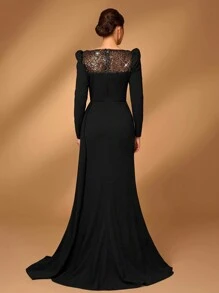 Serin Váy đuôi cá dệt kim co giãn đính sequin ngọc trai sang trọng thanh lịch có bèo nhún bên hông dài tay, thích hợp cho đám cưới, tiệc tùng, tiệc độc thân, ngày lễ, váy dạ hội, váy cưới cho mẹ - màu đen - Xem 3