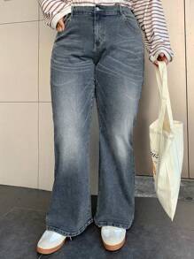 Dazy Plus Washed Distressed Flare Leg Long Denim Jeans - Light Wash - View 5