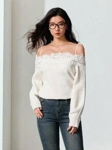 EastFlair Camiseta de punto hombros descubiertos con encaje en unicolor elegante para mujer, otoño - Blanco - Ver 6