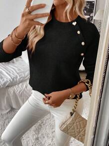 EMERY ROSE 1件女士斜襟纽扣纯色休闲长袖毛衣，秋冬针织套头衫 - 黑色 - 查看 6