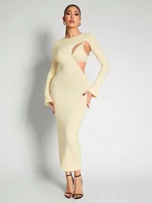 Zolique Vestido de suéter largo de unicolor, de cuello redondo, de manga larga, con diseño calado y ajustado simple para mujeres - Albaricoque - Ver 1