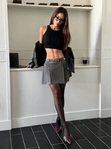 SHEIN EZwear Jupe courte décontracté à taille élastique de couleur unie pour femme - Gris - Voir 4
