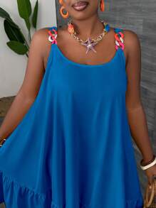 Slaydiva Plus Size Wide Strap Color Blocking Pleated Hem Minimalist Short Dress - Royal Blue - View 5