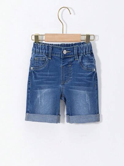 男童简约休闲蓝色牛仔松紧腰卷边七分短裤