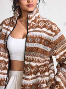 Easithlete Easithlete Women Autumn/Winter Geometric Pattern Sherpa Zip Front Outdoor Jacket - Brown - View 5