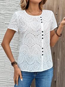 EMERY ROSE Women's Leisure Solid Color Hollow Out Embroidered Shirt - White - View 4