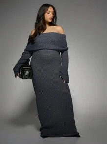 MISSGUIDED PLUS Plus Size Off-Shoulder Ribbed Knit Maxi Sweater Dress Winter Fall Cozy Oversized Long Sleeve Chunky Knit Evening Party Holiday Formal - Grey - View 4