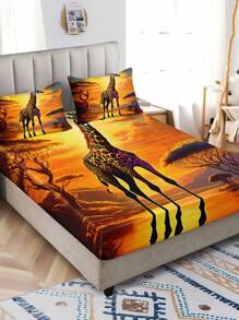3 件套多色日落长颈鹿数码印花床上用品套装（1 床笠 + 2 个枕套，无被子）涤纶纤维柔软亲肤适合卧室，四季皆宜