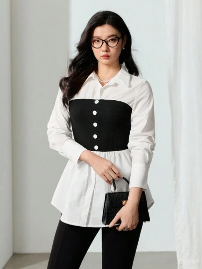 EastFlair 女士休闲通勤拼色长袖衬衫，秋季