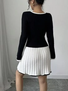 Elenzga U-Neck Color Block Knit Sweater Dress With Youthful Look - Multicolor - View 2