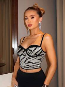 Glamine Charm Sexy Contrast Color Zebra Print Sequins Patchwork Wire-Free Fish Bone Decor Women's Tank Top - Multicolor - View 3