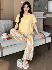 DAZY 2pcs Women Loose Fit Printed Short Sleeve Pajama Set - Yellow - View 6