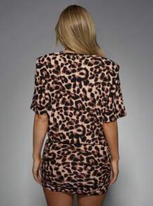 MISSGUIDED Leopard Print Jersey Ruched Mini Dress With Shoulder Pads Party Club Night Out Bodycon Short Sleeve Statement Dress - Multicolor - View 2