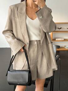 Dazy-Less 宽松简约商务休闲套装：女士西装外套和直筒及膝裤 Old Money Linen - 卡其色 - 查看 5