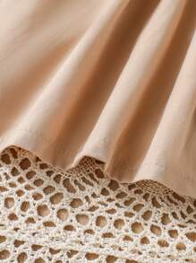 Young Girl Patchwork Pleated Colorblock Detail Long Sleeve Dress - Khaki - View 6