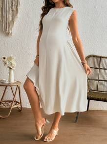 SHEIN Elegant Round Neck Sleeveless Ruched Design Dress Maternity Dress