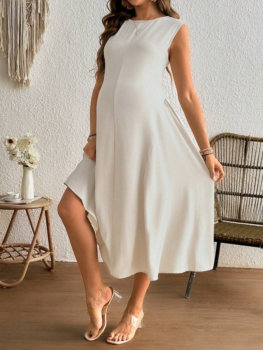 SHEIN Elegant Round Neck Sleeveless Ruched Design Dress Maternity Dress