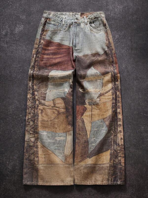 Manfinity EMRG Pantaloni largi pentru bărbați, de mărime mare, vintage din denim spălat cu imprimeu mozaic