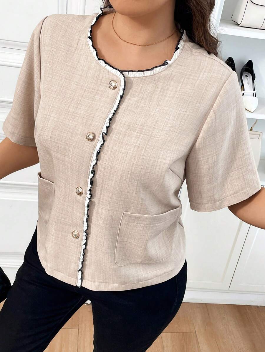 SHEIN Frenchy Plus Size Elegant Floral Splice Casual Long Sleeve Jacket, Suitable For Office Commute And Daily Wear,Summer Women Tops Fall/Winter - Khaki - View 1