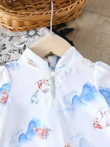 Baby Girls Spring And Summer Chinese Style Landscape Painting Pattern Woven Mandarin Collar Hanfu A-Silhouette Cheongsam Dress