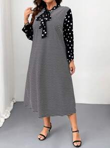 SHEIN Clasi Vestido casual suelto de mujer talla grande con estampado de lunares y cuello con lazo a rayas