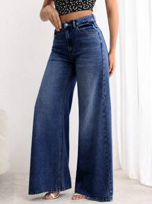 SHEIN Essnce Women's Loose Fit Pocketed Wide-Leg Jeans
