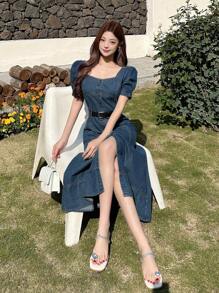 DAZY 方领泡泡袖洗水纽扣女式牛仔连衣裙 - 中等水洗藍 - 查看 8