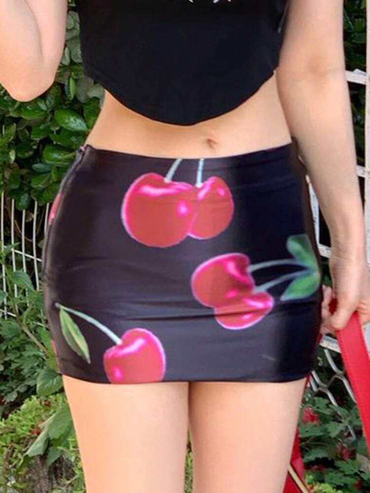 Women's Mini Cherry Fruit Print Wrapped Short Skirt, Black, All Season,Pencil Skirt Fall Skirts Low Rise