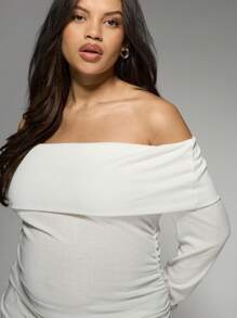 MISSGUIDED MISSGUIDED PLUS Blusa de manga larga con hombros descubiertos, cuello Bardot, fruncido, de punto suave para uso informal, de talla grande, moda de invierno y otoño con estiramiento