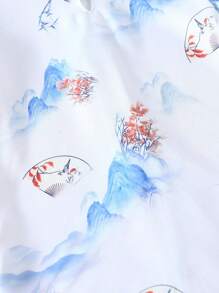 Baby Girls Spring And Summer Chinese Style Landscape Painting Pattern Woven Mandarin Collar Hanfu A-Silhouette Cheongsam Dress