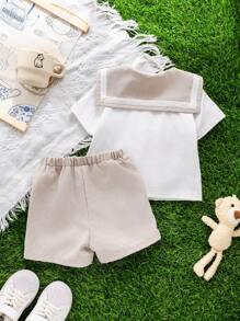 2pcs Baby Boy/Girl Cute Summer Casual Holiday Navy Collar Contrast Color Short Sleeve Shirt And Elastic Waist Shorts Set, Suitable For Birthday Party, Evening Party, Performance, Wedding, Baby Shower, One-Year-Old Celebration