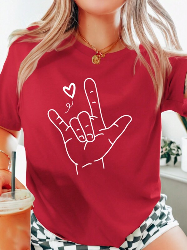 Calvaya Valentine's Day Heart Hand Gesture Graphic Round Neck Short Sleeve Plus Size T-Shirt, For Summer