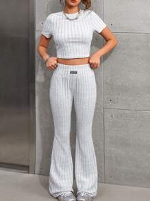 SHEIN Leap Crew 2 Pieces Set Ribbed Knit Crop Top And Flare Pants For Teen Girls, Casual And Comfortable, Suitable For Spring And Summer - Light Grey - View 1
