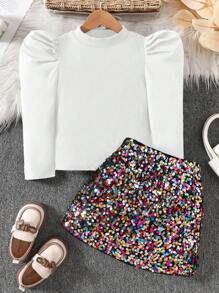 SHEIN Conjunto de blusa con mangas abullonadas y falda decorada con lentejuelas para niña, adecuado para uso en fiestas, otoño/invierno - Blanco - Ver 5